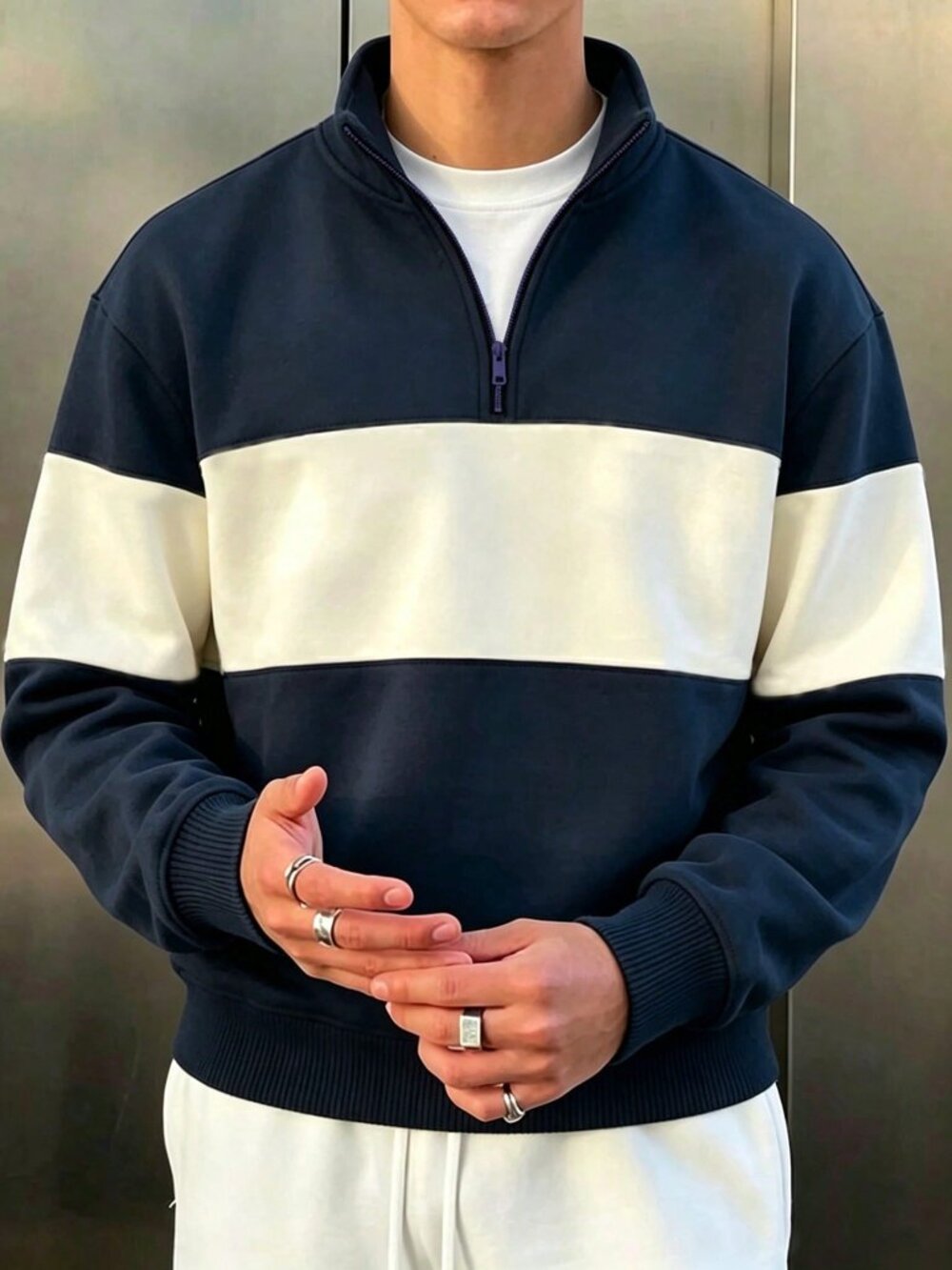 Navy Blue Casual Men's Colorblock Half-Zip Long Sleeve Sweatshirt